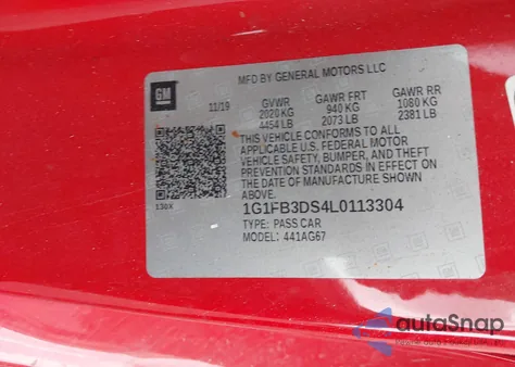 2020 Chevrolet Camaro Rwd 1Lt z USA, uszkodzony, nr VIN 1G1FB3DS4L0113304